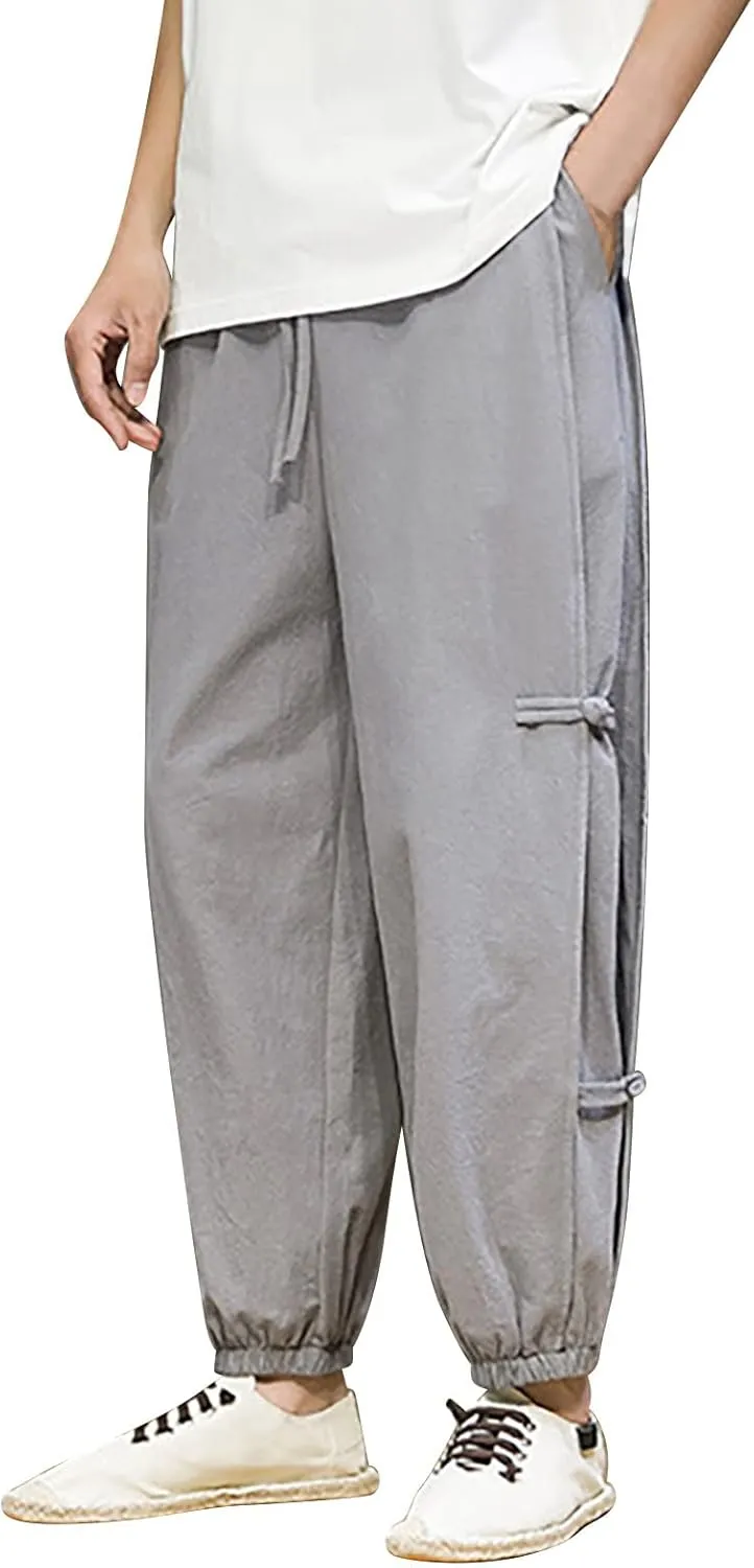 Mens Stylish Joggers Side Frog-Button Causal Elastic Waist Harem Pants Loose Fit Beach Boho Yoga Hippie Trousers with Pockets