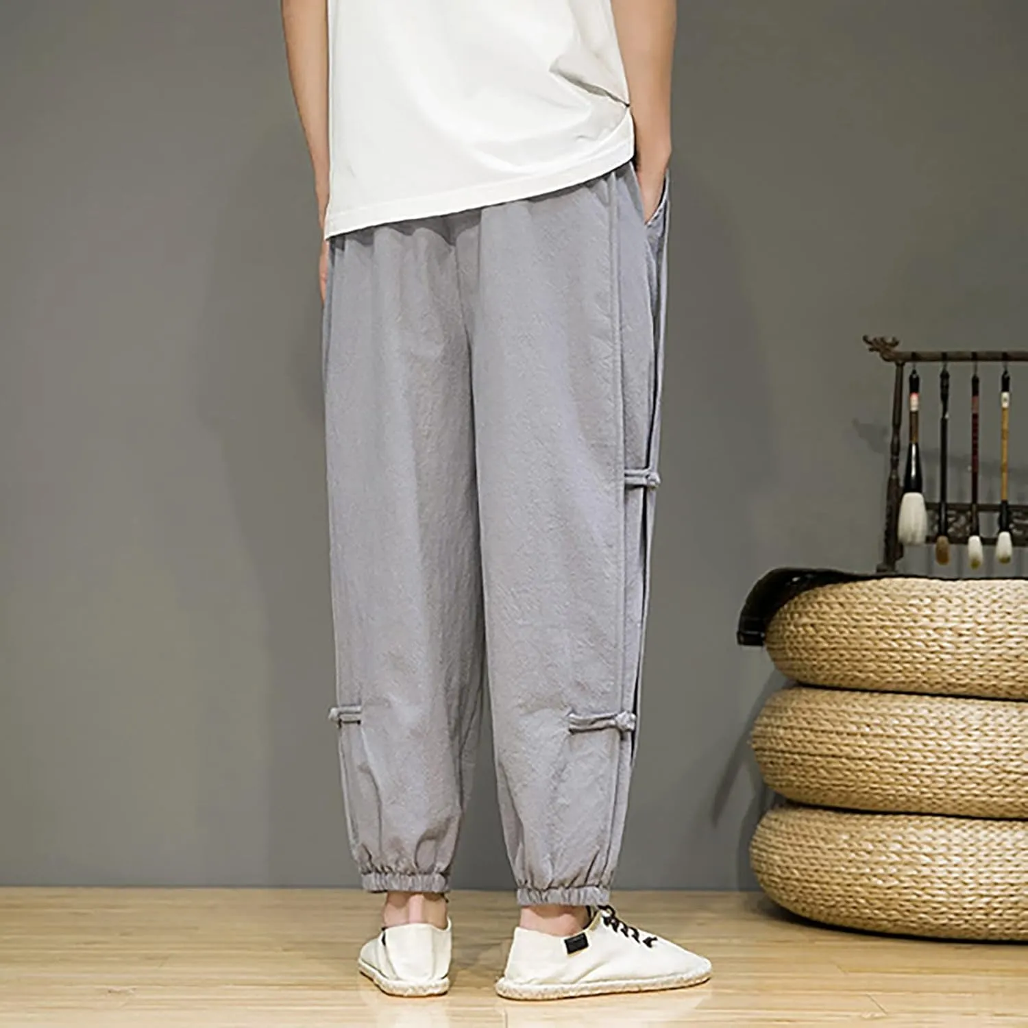 Mens Stylish Joggers Side Frog-Button Causal Elastic Waist Harem Pants Loose Fit Beach Boho Yoga Hippie Trousers with Pockets