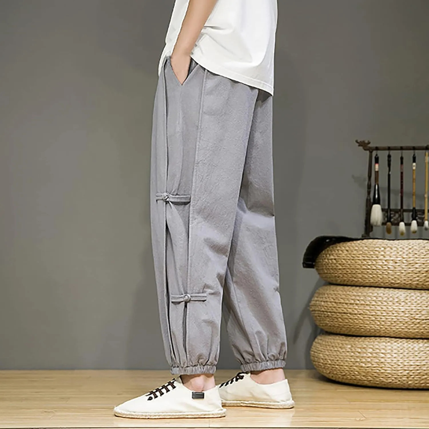Mens Stylish Joggers Side Frog-Button Causal Elastic Waist Harem Pants Loose Fit Beach Boho Yoga Hippie Trousers with Pockets