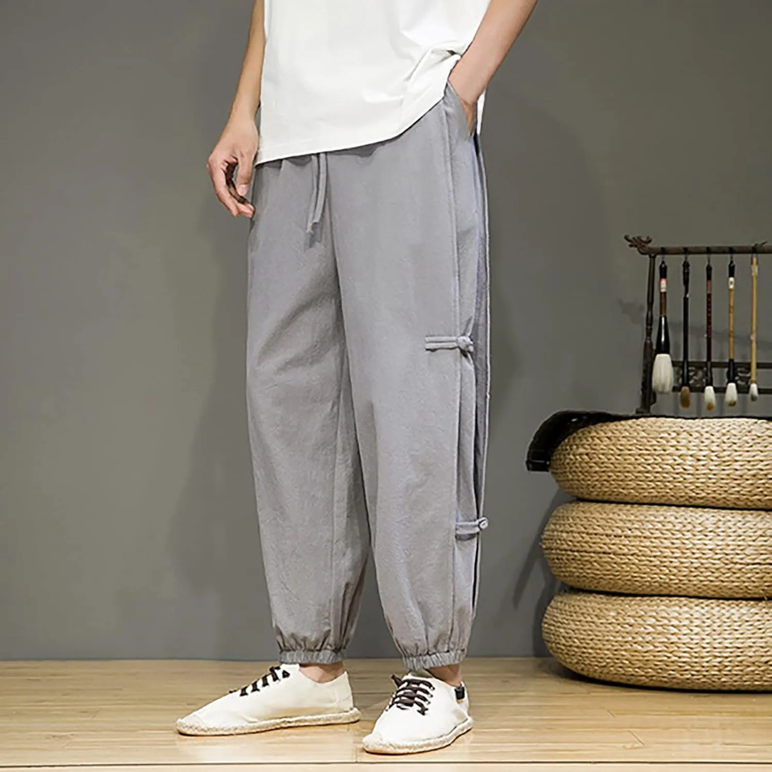 Mens Stylish Joggers Side Frog-Button Causal Elastic Waist Harem Pants Loose Fit Beach Boho Yoga Hippie Trousers with Pockets