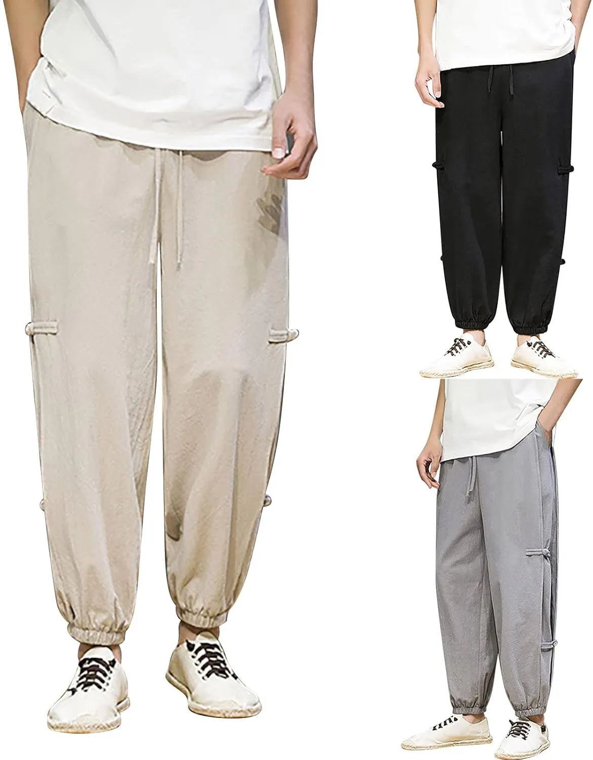 Mens Stylish Joggers Side Frog-Button Causal Elastic Waist Harem Pants Loose Fit Beach Boho Yoga Hippie Trousers with Pockets