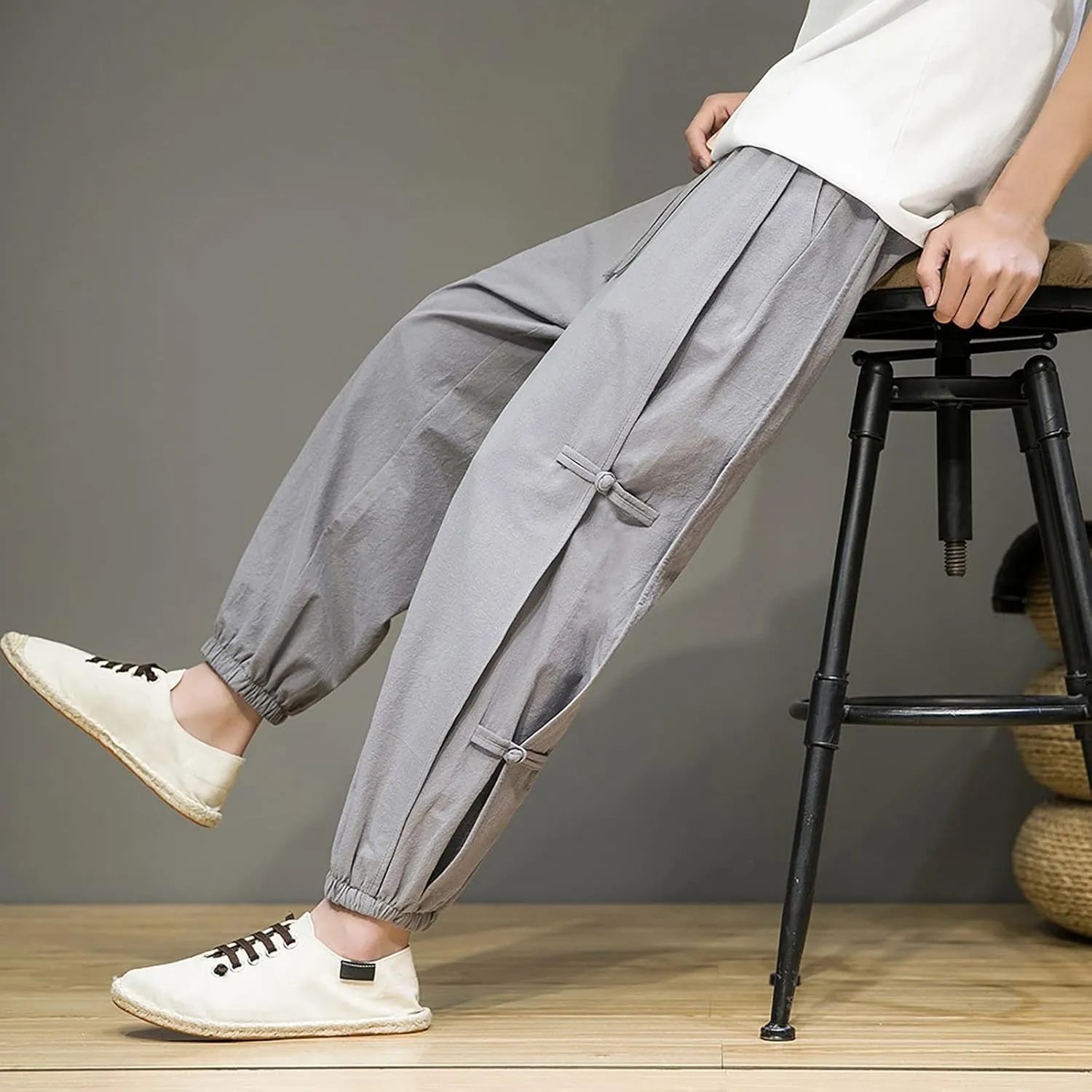 Mens Stylish Joggers Side Frog-Button Causal Elastic Waist Harem Pants Loose Fit Beach Boho Yoga Hippie Trousers with Pockets