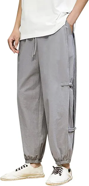 Mens Stylish Joggers Side Frog-Button Causal Elastic Waist Harem Pants Loose Fit Beach Boho Yoga Hippie Trousers with Pockets