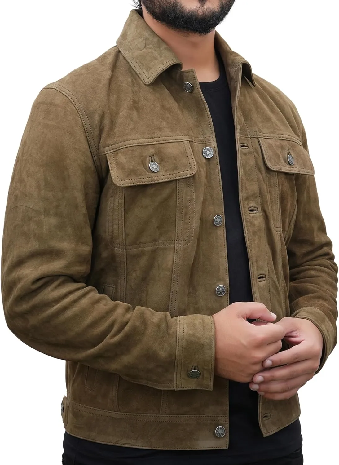 Men's Suede Leather Jacket | Genuine Suede Leather Trucker Jacket Shirt Collar Slim Fit Denim Style
