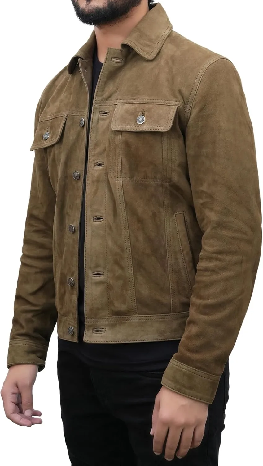 Men's Suede Leather Jacket | Genuine Suede Leather Trucker Jacket Shirt Collar Slim Fit Denim Style