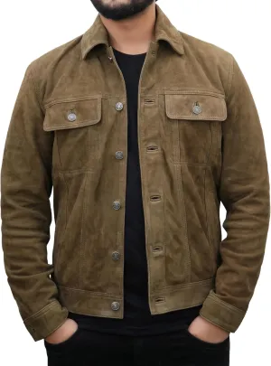 Men's Suede Leather Jacket | Genuine Suede Leather Trucker Jacket Shirt Collar Slim Fit Denim Style