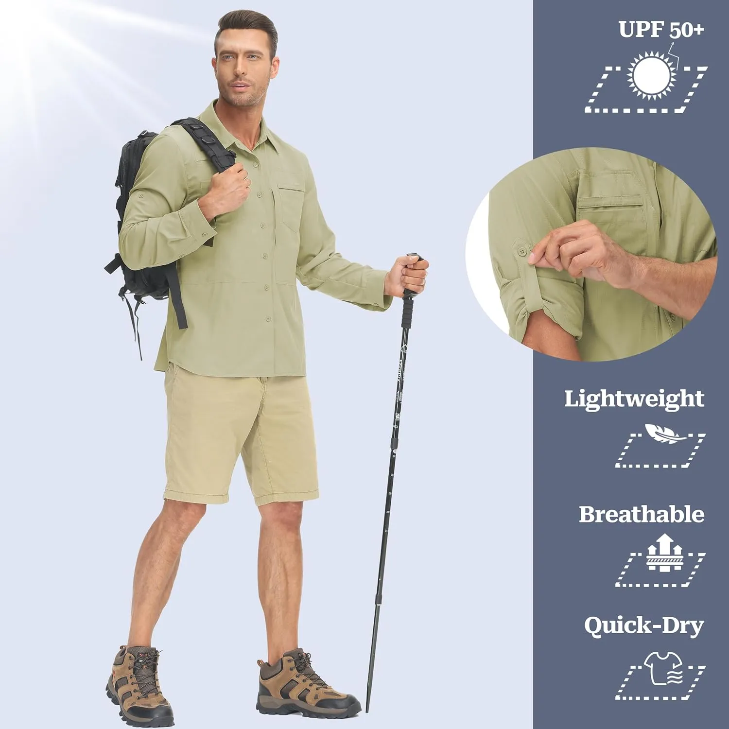 Men's UPF 50  Sun Protection Fishing Shirts Long Sleeve Lightweight Hiking Travel Work Button Down Shirt Zipper Pocket