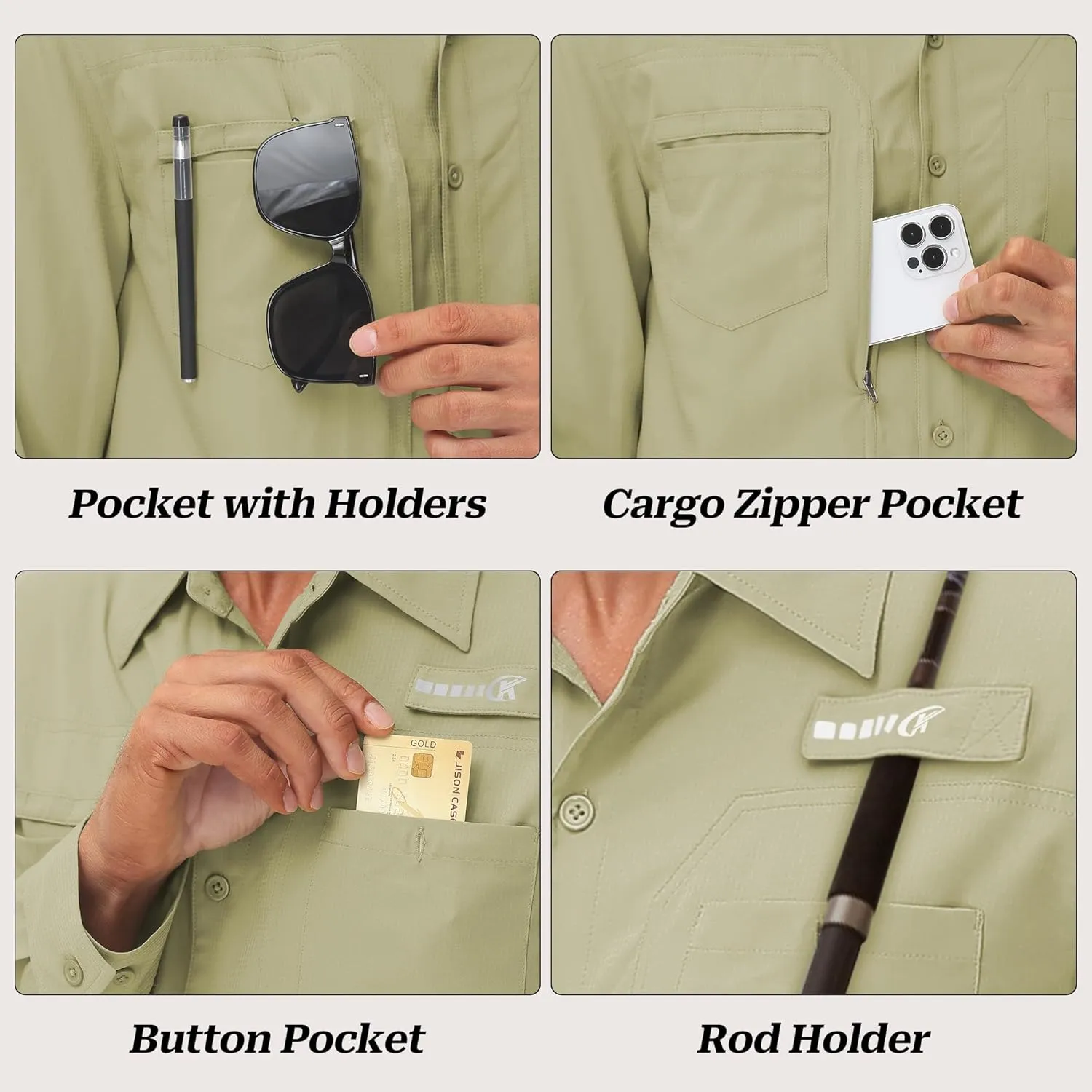Men's UPF 50  Sun Protection Fishing Shirts Long Sleeve Lightweight Hiking Travel Work Button Down Shirt Zipper Pocket
