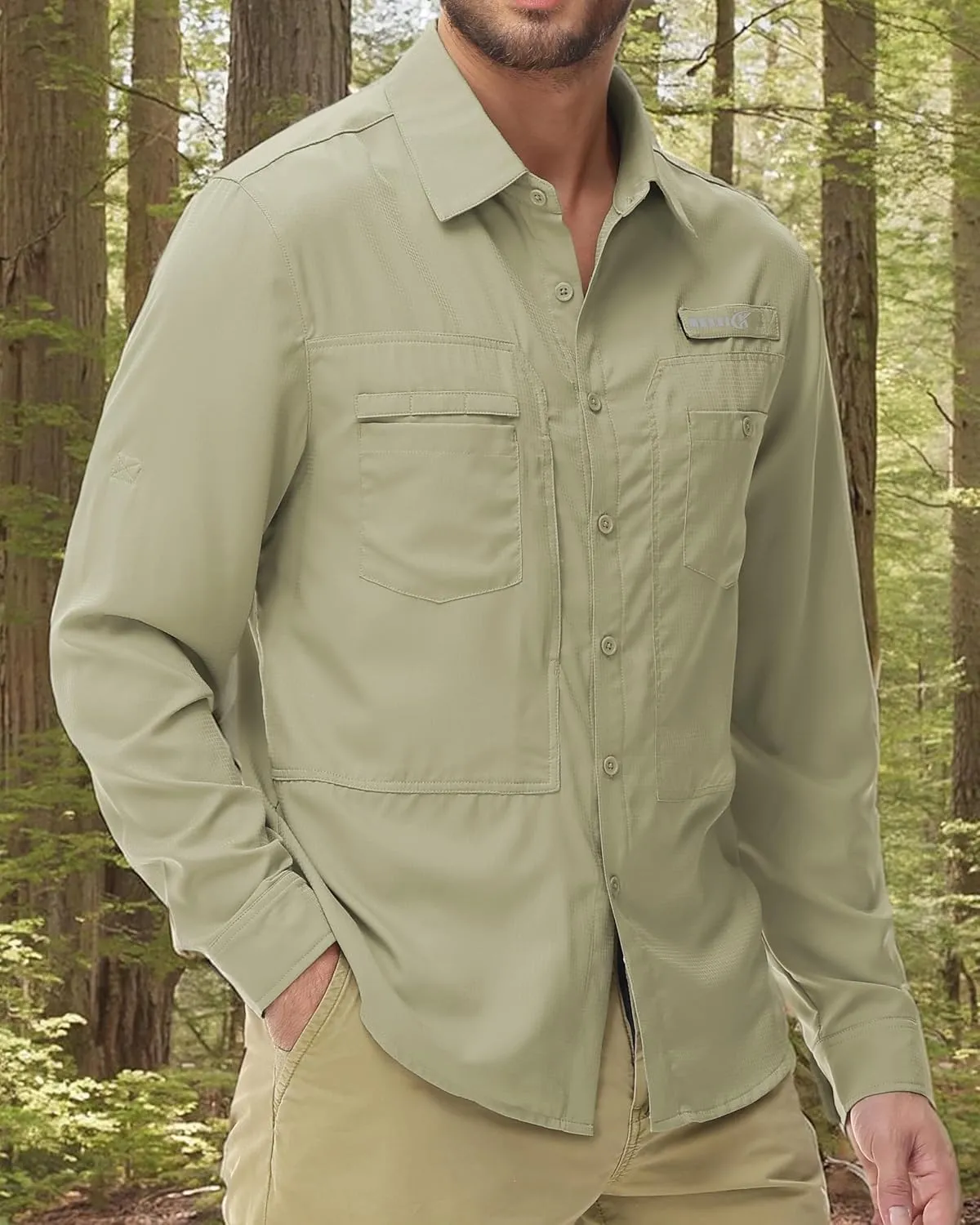 Men's UPF 50  Sun Protection Fishing Shirts Long Sleeve Lightweight Hiking Travel Work Button Down Shirt Zipper Pocket