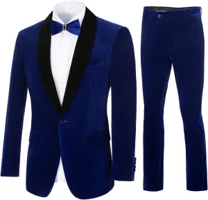 Men's Velvet Suit 2 Piece Slim Fit Suits 1 Button Peaked Lapel Tuxedo Blazer Party Dinner Jacket Pants Set