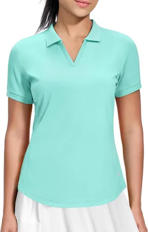 MIER V-Neck Polo Shirts for Women Short Sleeve UPF 50  Sun Protection Golf Tennis Active Stretch Collared Shirt Tops, Dry Fit