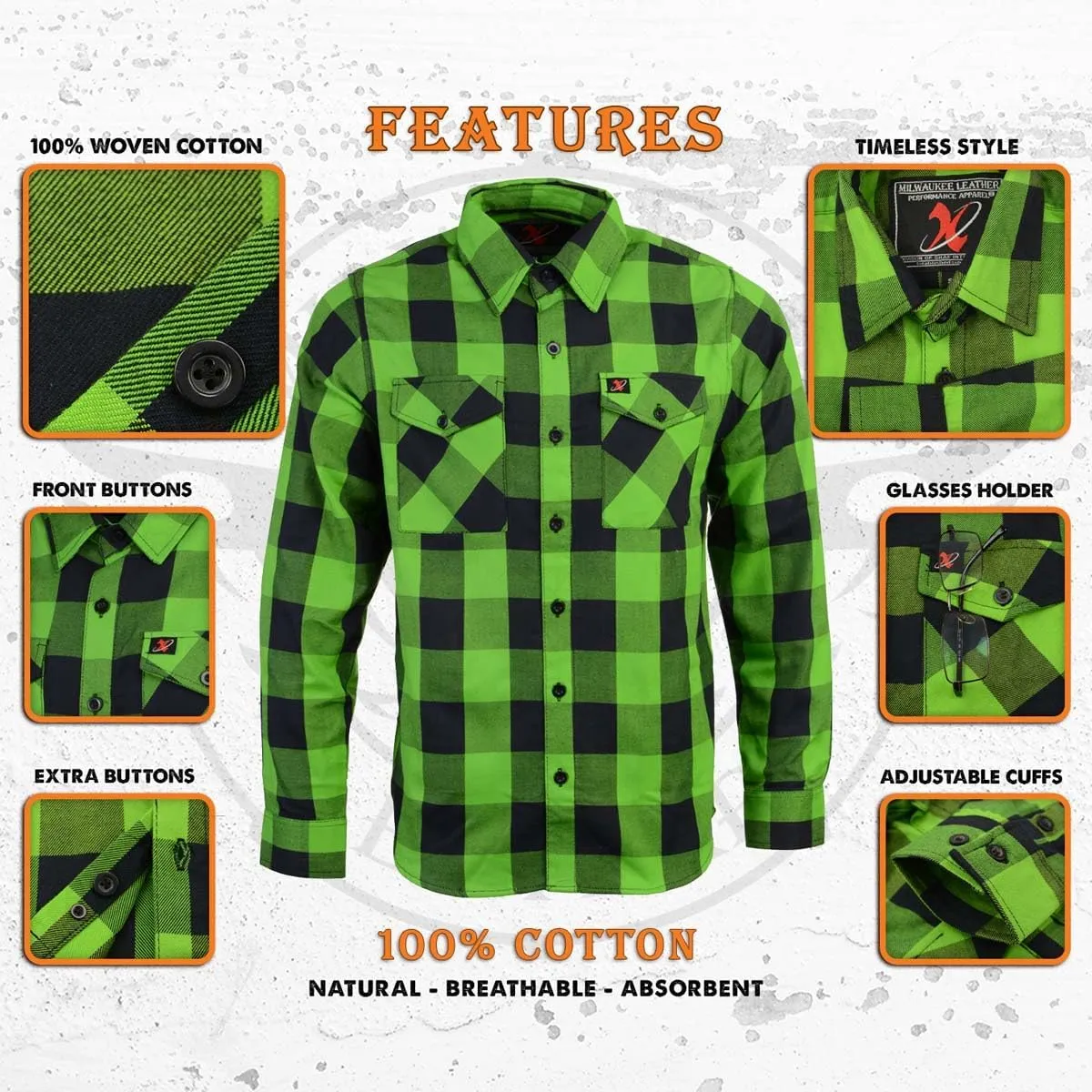Milwaukee Leather Mng11656 Men's Black, Green Long Sleeve Flannel