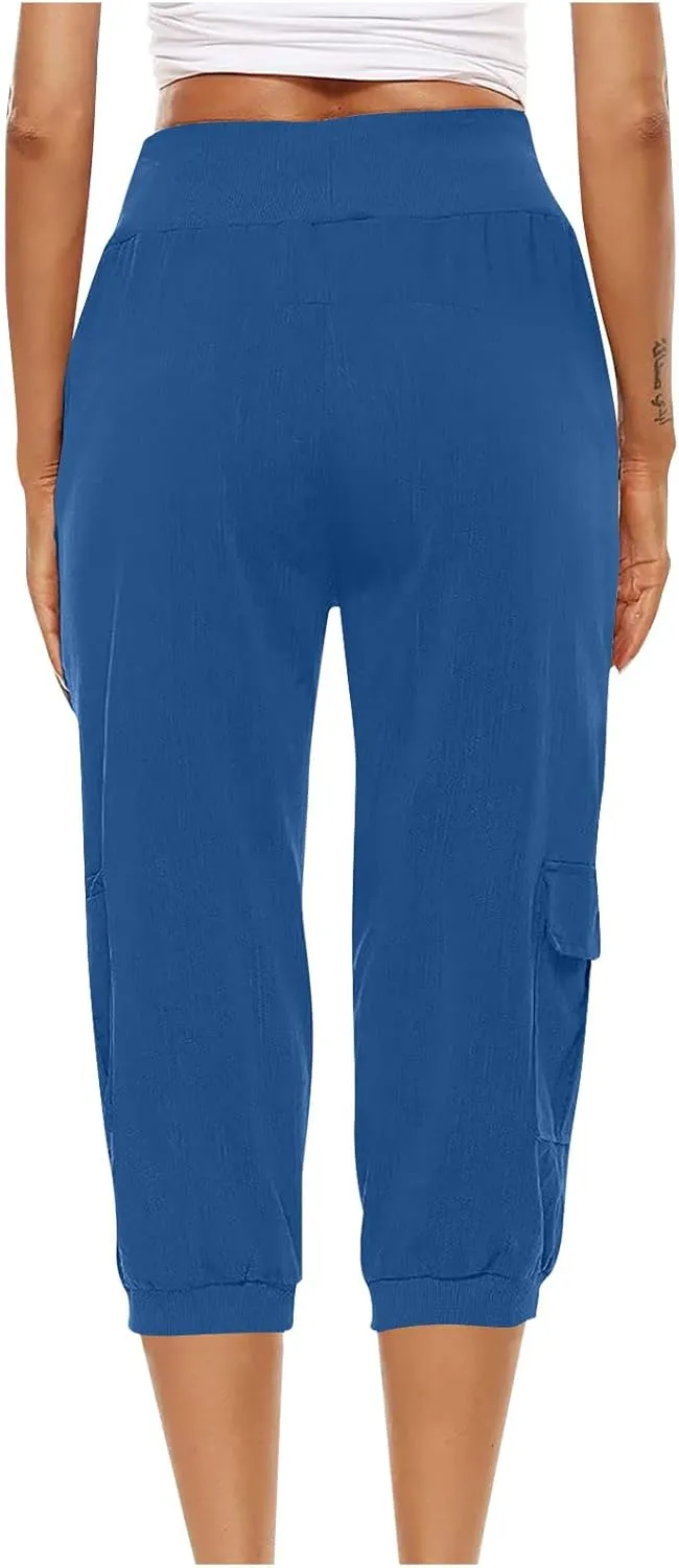 MINzYI Linen Pants for Women High Waisted Wide Leg Capris Summer Casual Button Elastic Waist Cropped Trousers with Pockets