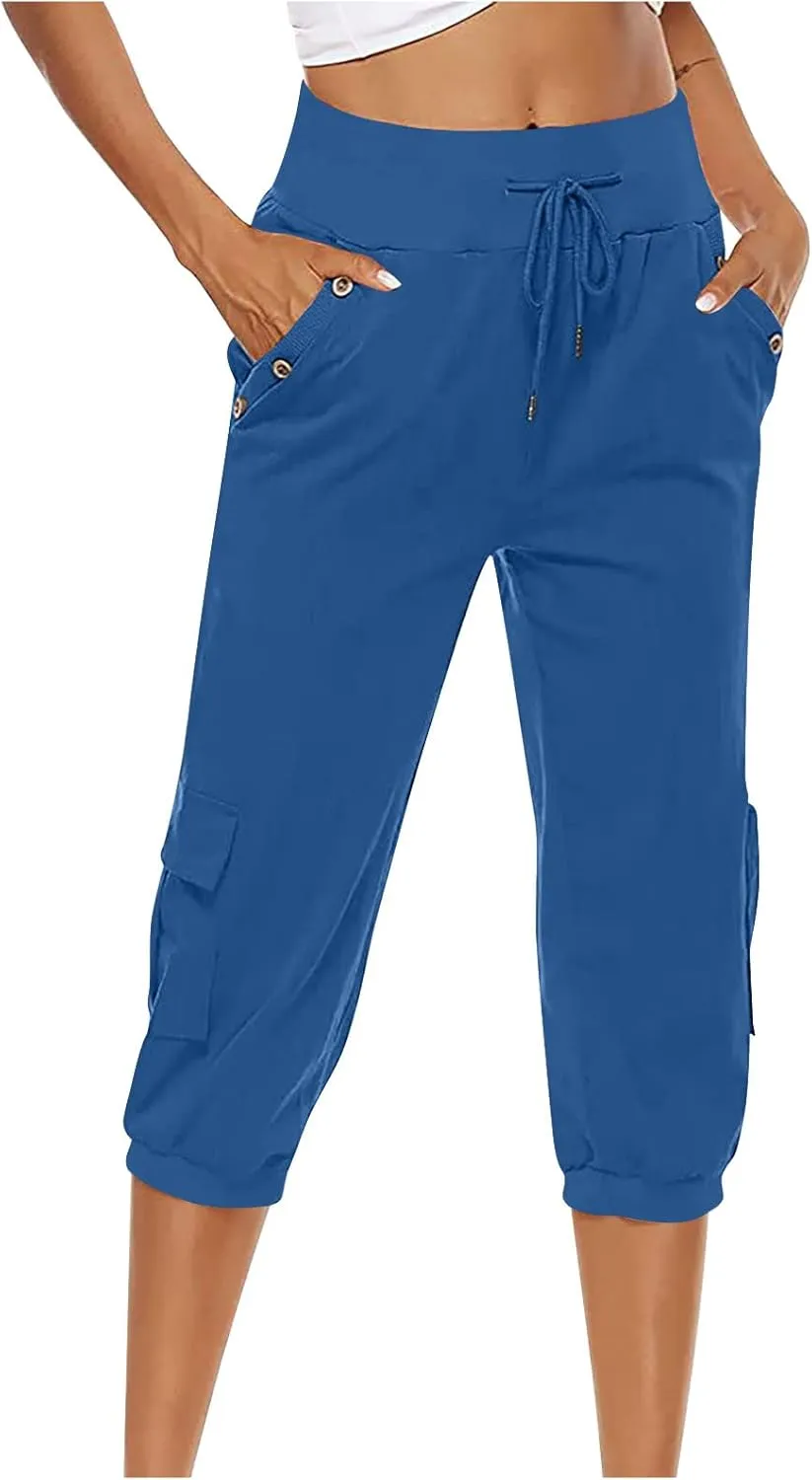 MINzYI Linen Pants for Women High Waisted Wide Leg Capris Summer Casual Button Elastic Waist Cropped Trousers with Pockets
