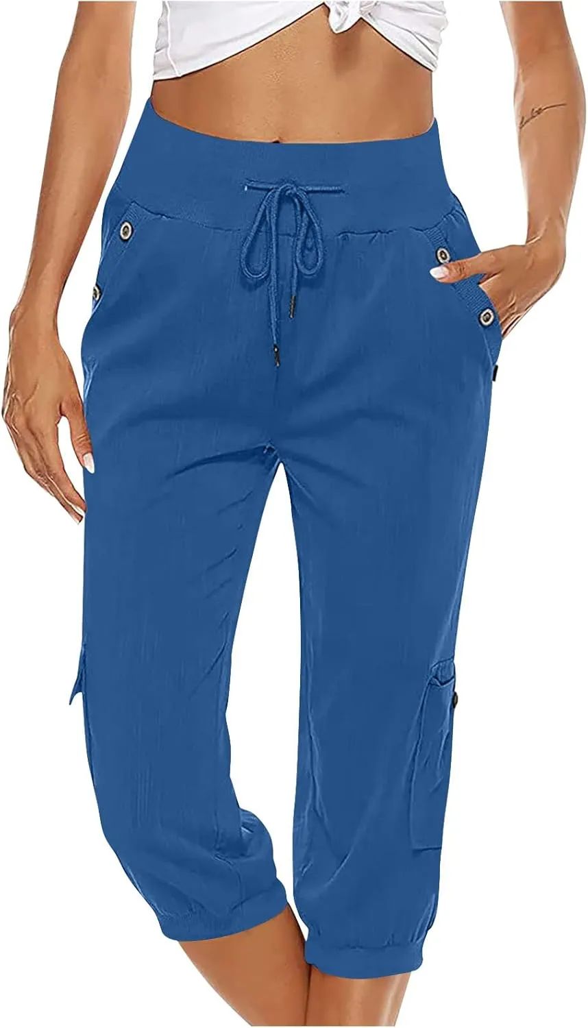 MINzYI Linen Pants for Women High Waisted Wide Leg Capris Summer Casual Button Elastic Waist Cropped Trousers with Pockets