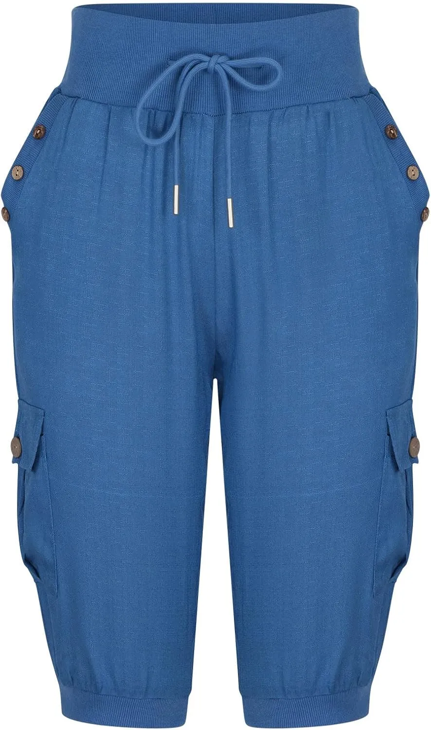 MINzYI Linen Pants for Women High Waisted Wide Leg Capris Summer Casual Button Elastic Waist Cropped Trousers with Pockets