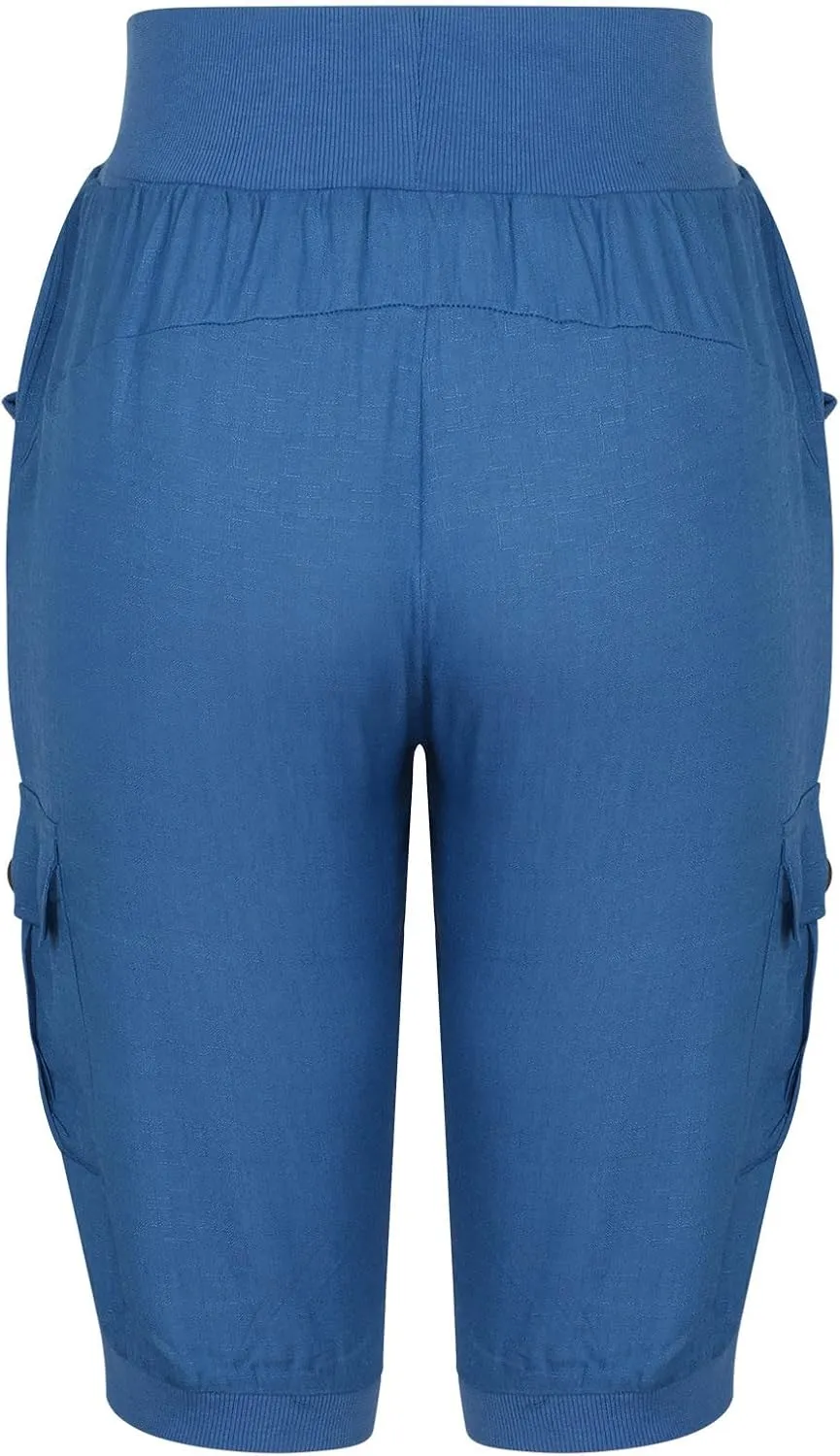 MINzYI Linen Pants for Women High Waisted Wide Leg Capris Summer Casual Button Elastic Waist Cropped Trousers with Pockets