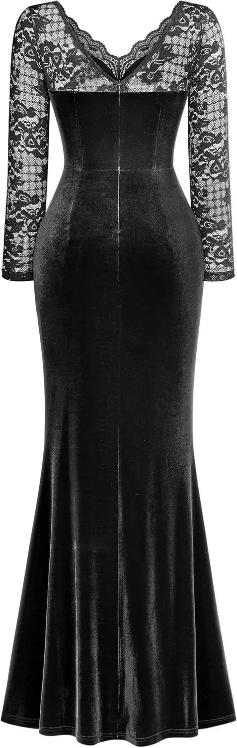 MISSMAY Women's Elegant Velvet V Neck Ruched Split Evening Long Dress