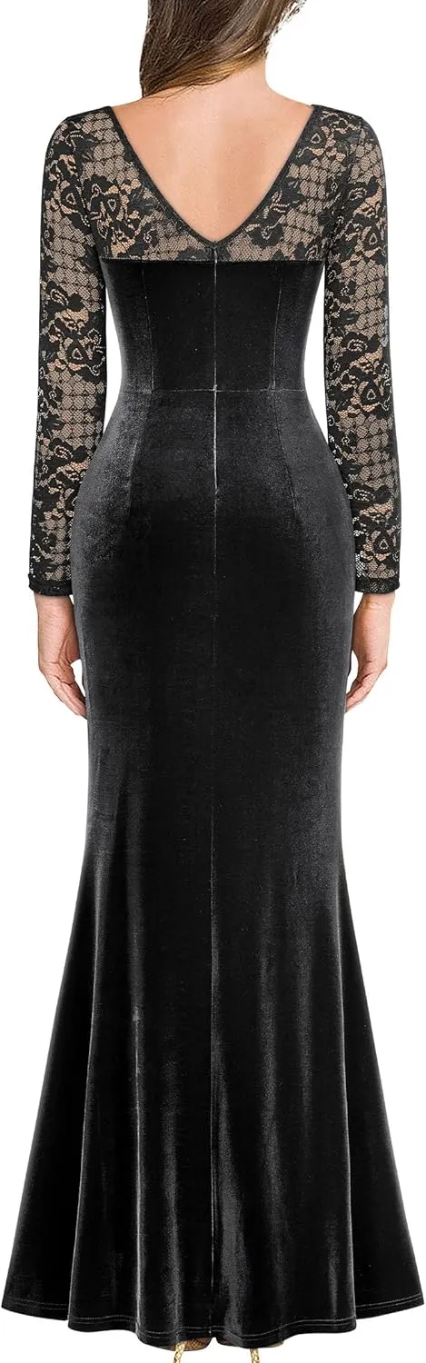 MISSMAY Women's Elegant Velvet V Neck Ruched Split Evening Long Dress