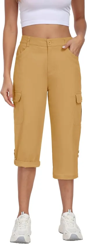 MoFiz Women's Cargo Capri Pants Cotton Roll up Convertible Capris Summer Casual Athletic Hiking Cropped Pants with Pockets