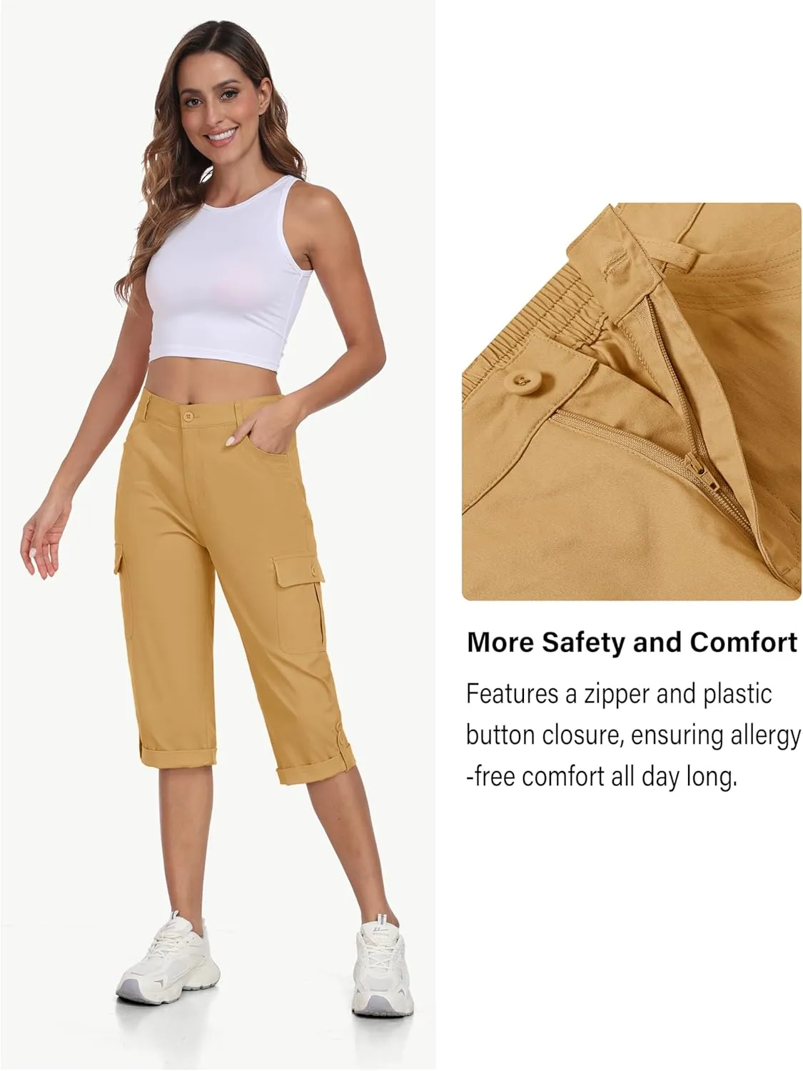 MoFiz Women's Cargo Capri Pants Cotton Roll up Convertible Capris Summer Casual Athletic Hiking Cropped Pants with Pockets