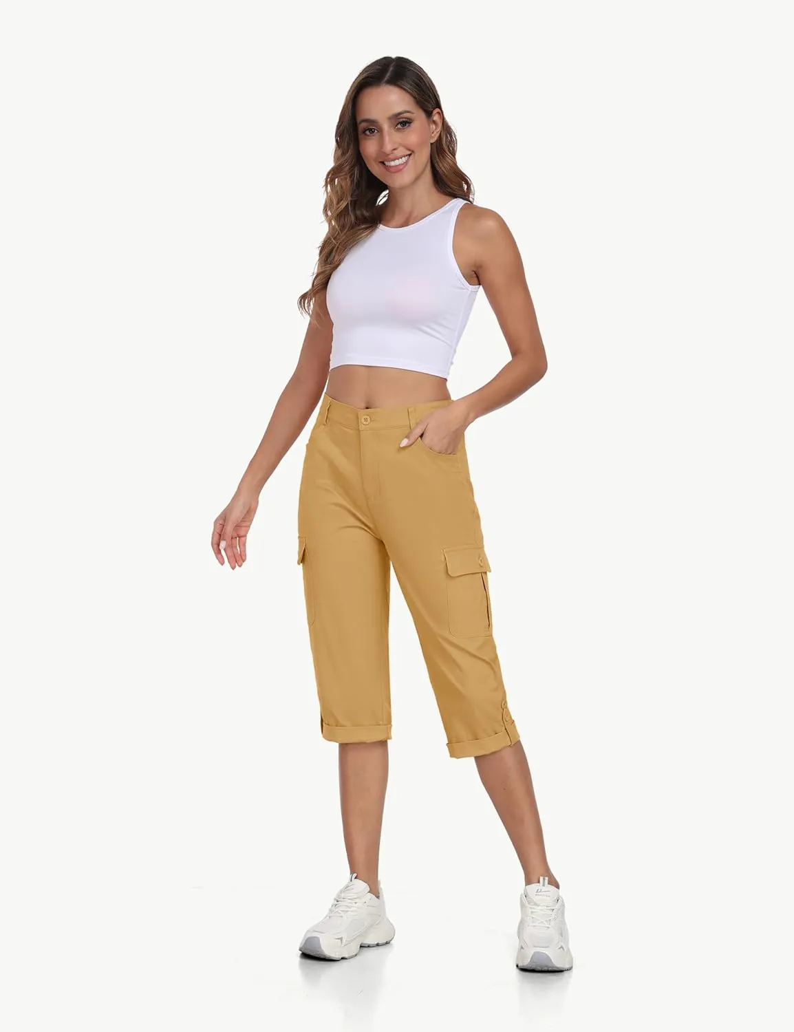 MoFiz Women's Cargo Capri Pants Cotton Roll up Convertible Capris Summer Casual Athletic Hiking Cropped Pants with Pockets