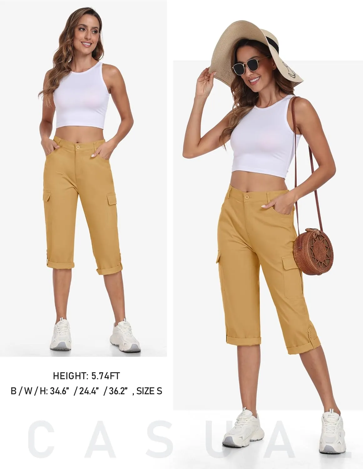 MoFiz Women's Cargo Capri Pants Cotton Roll up Convertible Capris Summer Casual Athletic Hiking Cropped Pants with Pockets