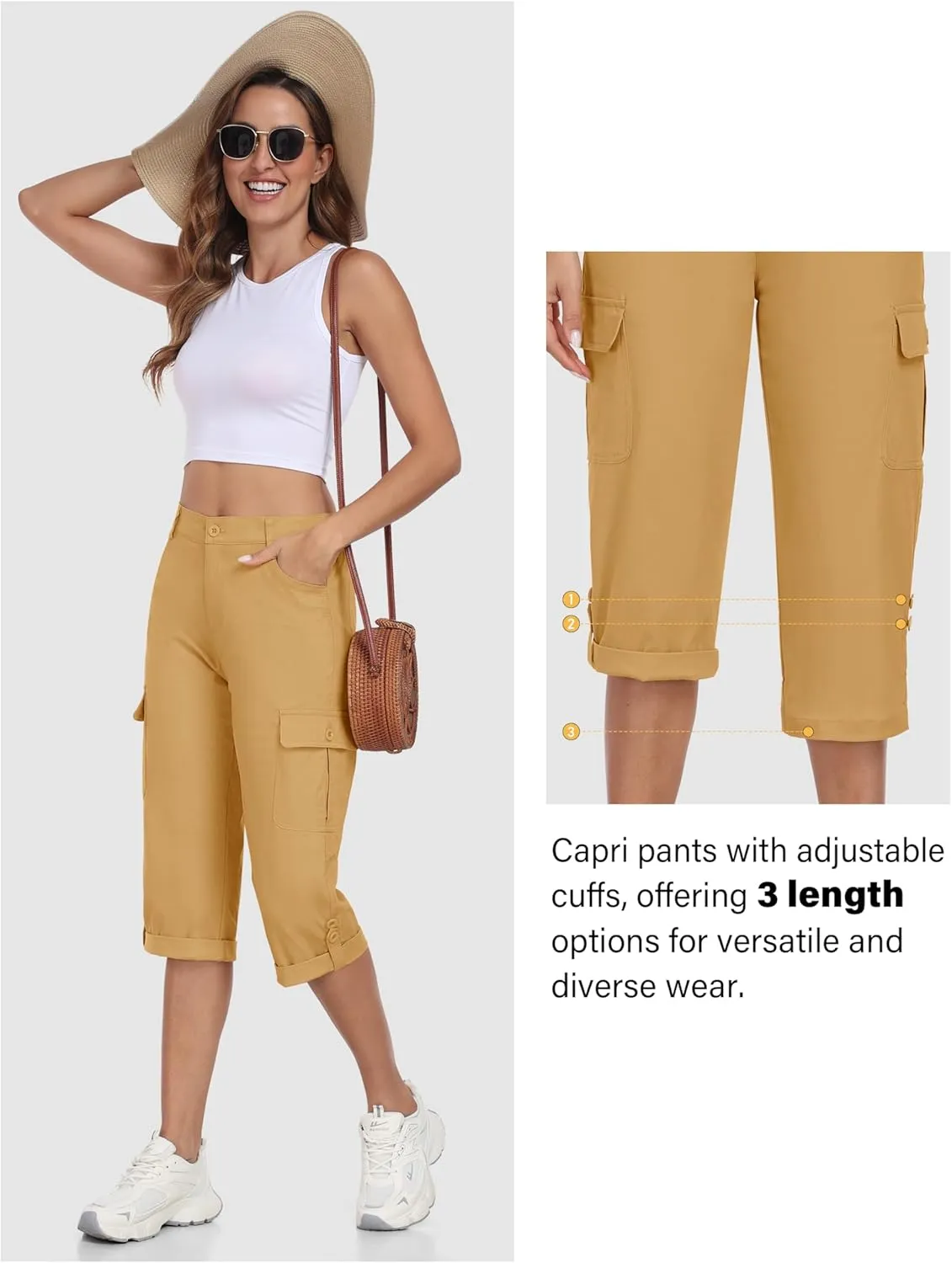 MoFiz Women's Cargo Capri Pants Cotton Roll up Convertible Capris Summer Casual Athletic Hiking Cropped Pants with Pockets