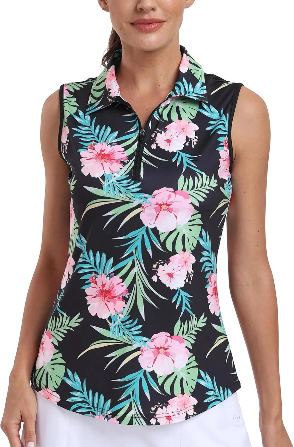 MoFiz Women's Sleeveless Golf Polo Shirts 1/4 Zip Floral Tennis Workout Golf Tank Top