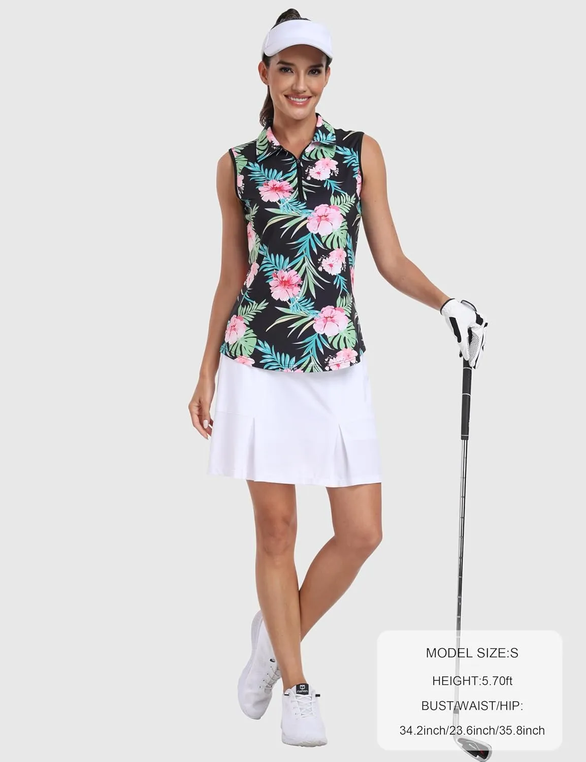 MoFiz Women's Sleeveless Golf Polo Shirts 1/4 Zip Floral Tennis Workout Golf Tank Top