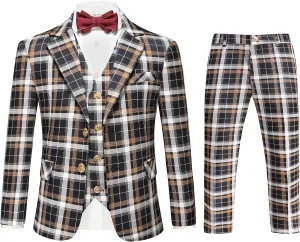 MOGU Boys Plaid Suits 3 Piece Slim Fit Tuxedo Formal Dresswear Suit Set Blazer Jacket Vest Pants Kids Outfits