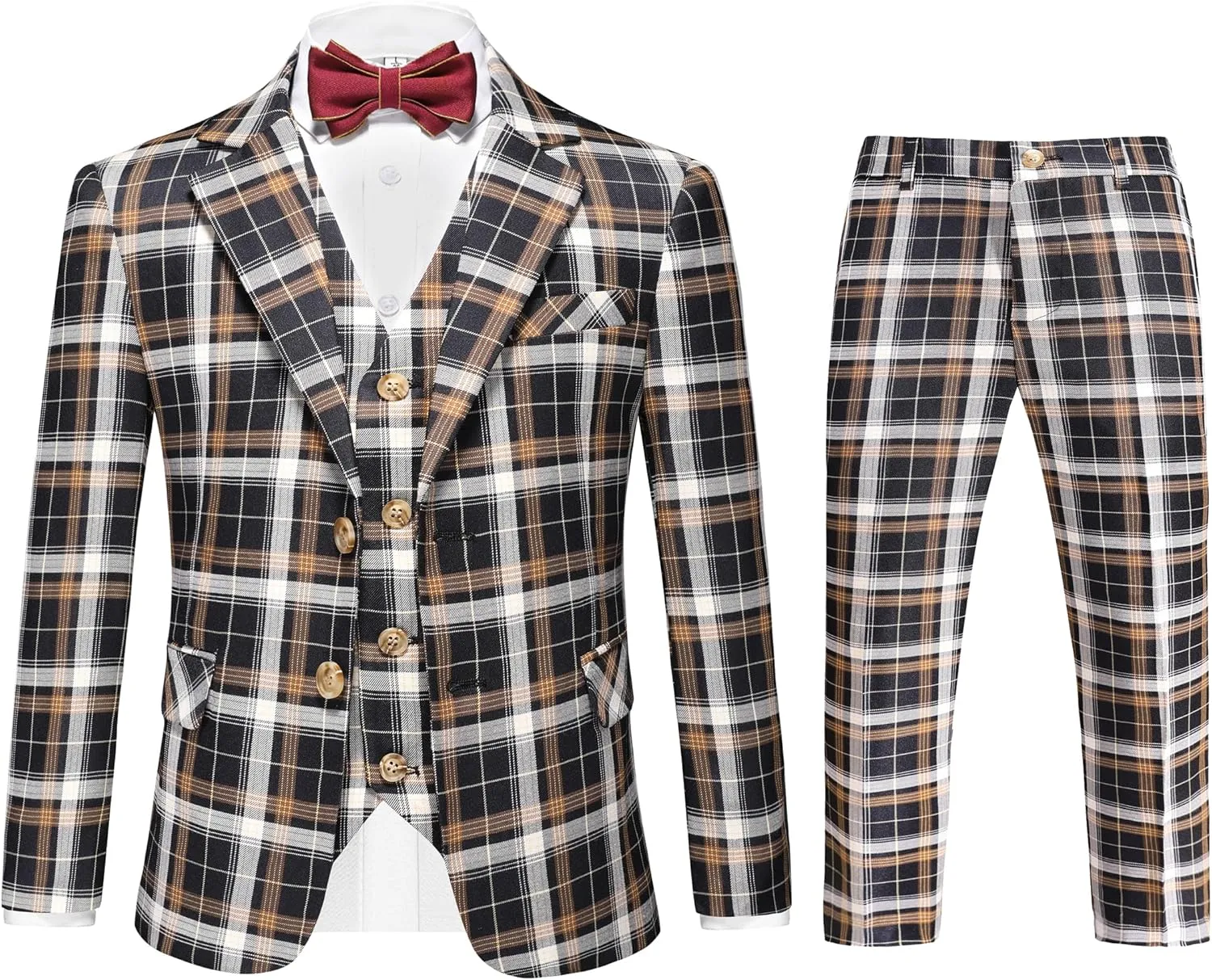 MOGU Boys Plaid Suits 3 Piece Slim Fit Tuxedo Formal Dresswear Suit Set Blazer Jacket Vest Pants Kids Outfits