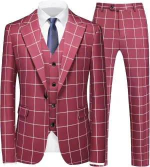 MOGU Mens 3 Piece Slim Fit Plaid Suit Blazer Jacket Vest Pants