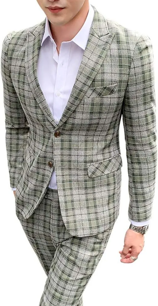 MOGU Mens Three Piece Slim Fit Plaid Suit Blazer Jacket Vest Pants