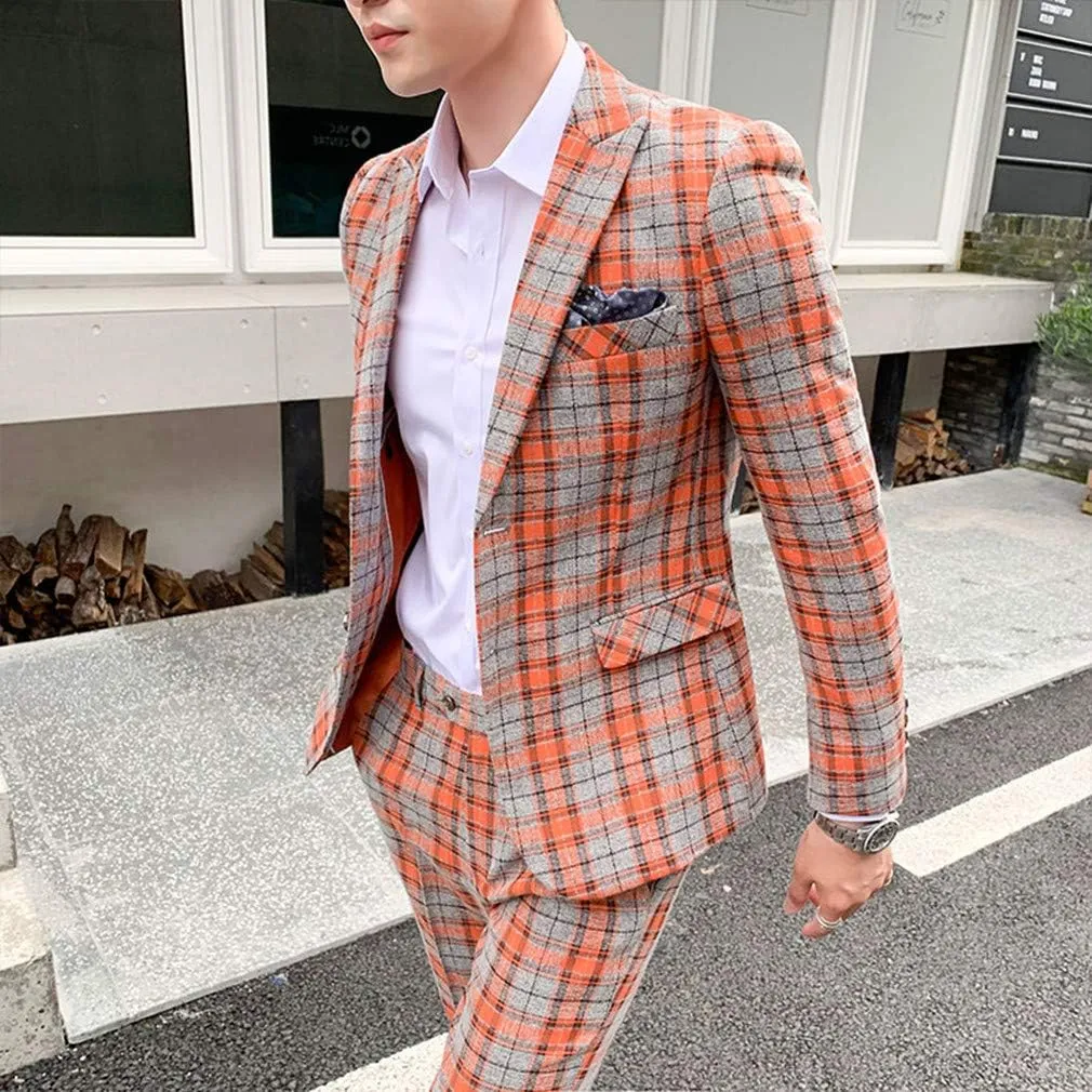 MOGU Mens Three Piece Slim Fit Plaid Suit Blazer Jacket Vest Pants
