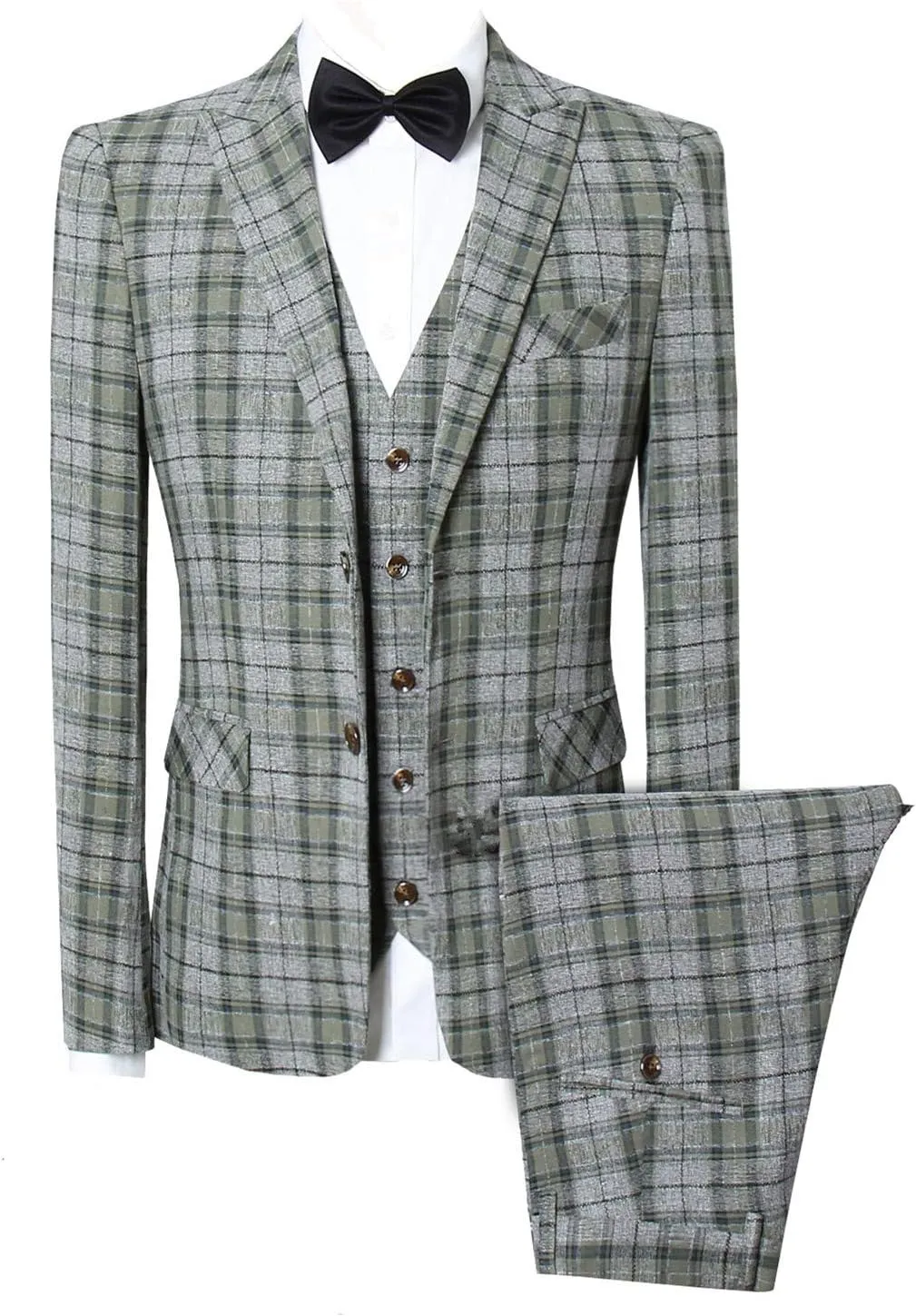 MOGU Mens Three Piece Slim Fit Plaid Suit Blazer Jacket Vest Pants