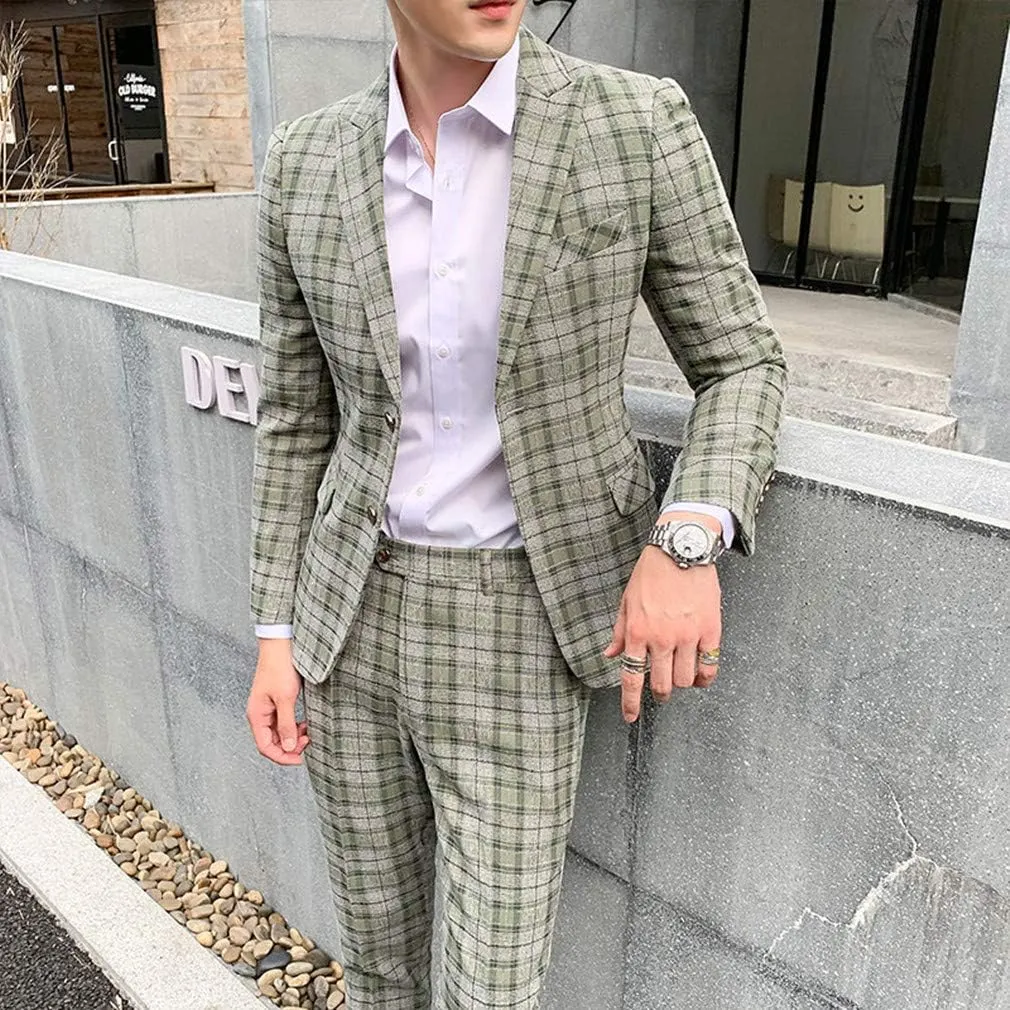 MOGU Mens Three Piece Slim Fit Plaid Suit Blazer Jacket Vest Pants