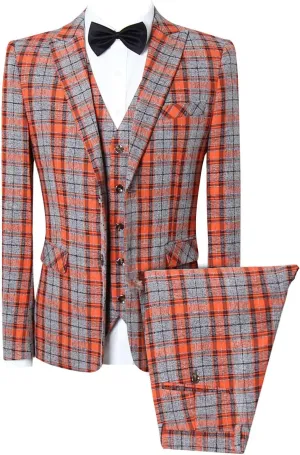 MOGU Mens Three Piece Slim Fit Plaid Suit Blazer Jacket Vest Pants