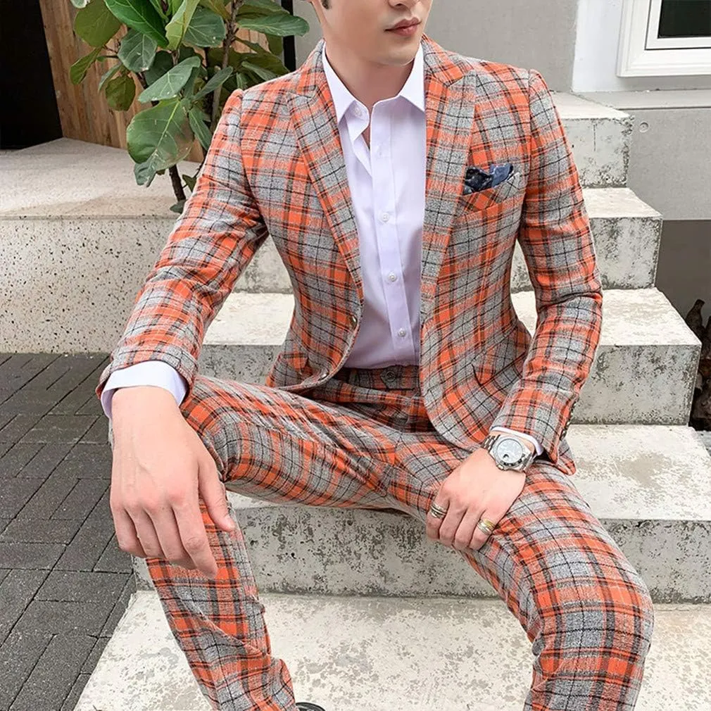 MOGU Mens Three Piece Slim Fit Plaid Suit Blazer Jacket Vest Pants