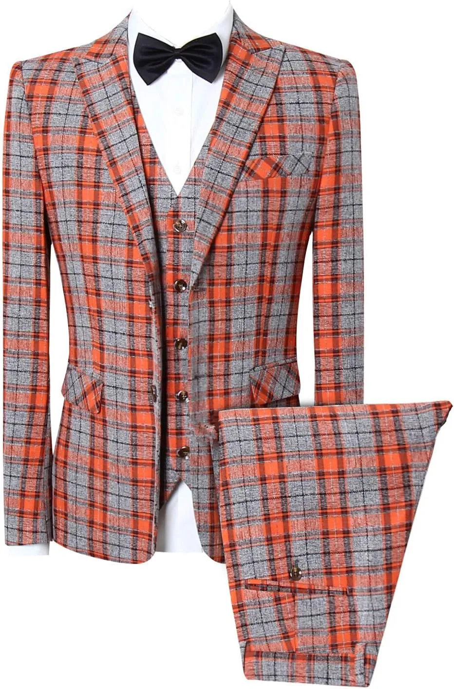 MOGU Mens Three Piece Slim Fit Plaid Suit Blazer Jacket Vest Pants