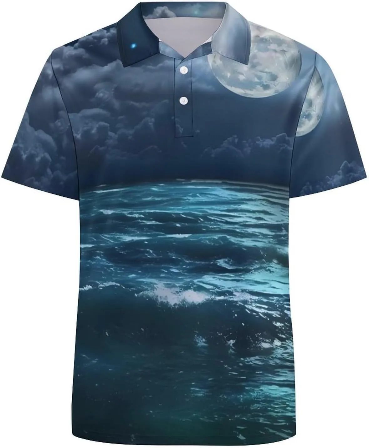 Moon Over The Ocean Natural Scenery Mens Short Sleeve Polo Shirts Straight Sports Golf Tennis T-Shirt Quick Dry Long Top