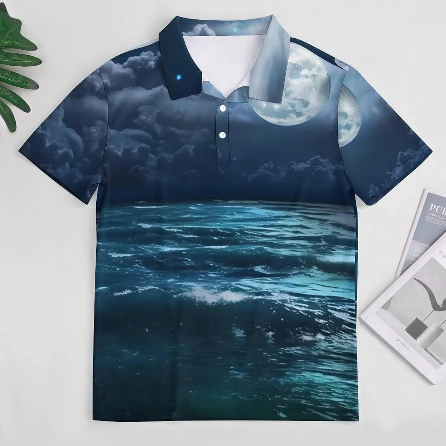 Moon Over The Ocean Natural Scenery Mens Short Sleeve Polo Shirts Straight Sports Golf Tennis T-Shirt Quick Dry Long Top