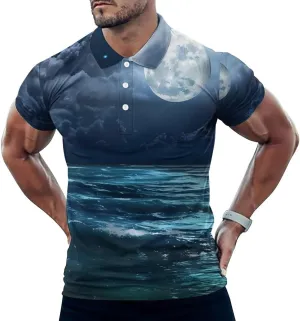 Moon Over The Ocean Natural Scenery Mens Short Sleeve Polo Shirts Straight Sports Golf Tennis T-Shirt Quick Dry Long Top