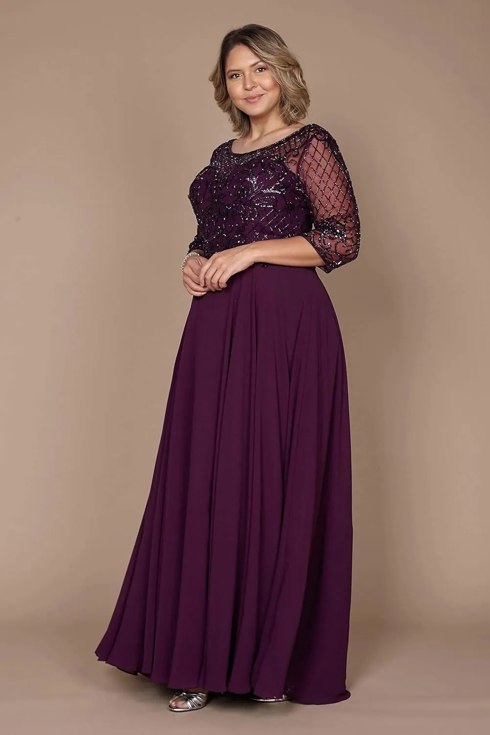 Mother of The Bride Dress - Plus Size Long Sleeve Formal Dress - Hand Beaded Top Long Evening Gown for Wedding