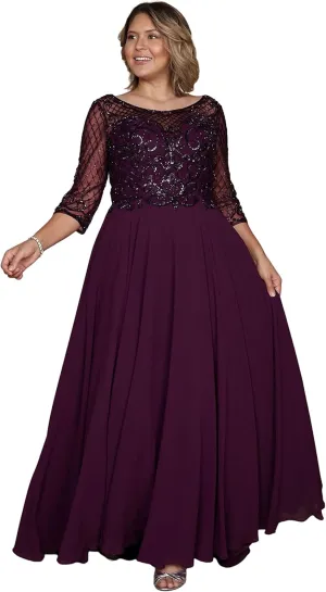 Mother of The Bride Dress - Plus Size Long Sleeve Formal Dress - Hand Beaded Top Long Evening Gown for Wedding