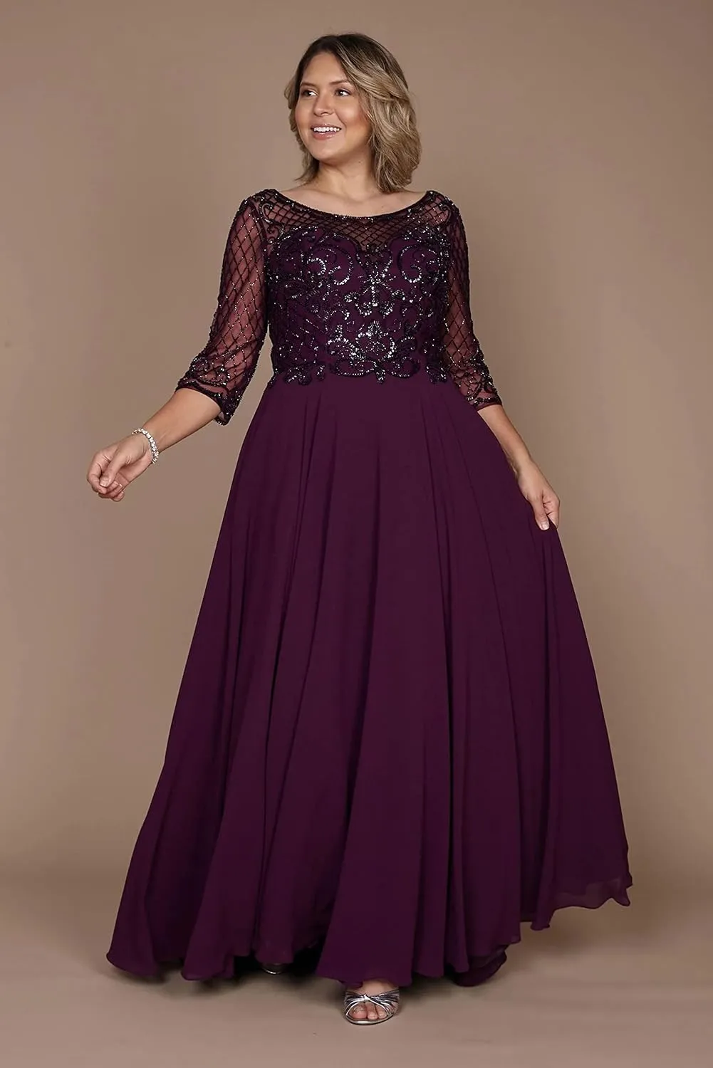 Mother of The Bride Dress - Plus Size Long Sleeve Formal Dress - Hand Beaded Top Long Evening Gown for Wedding