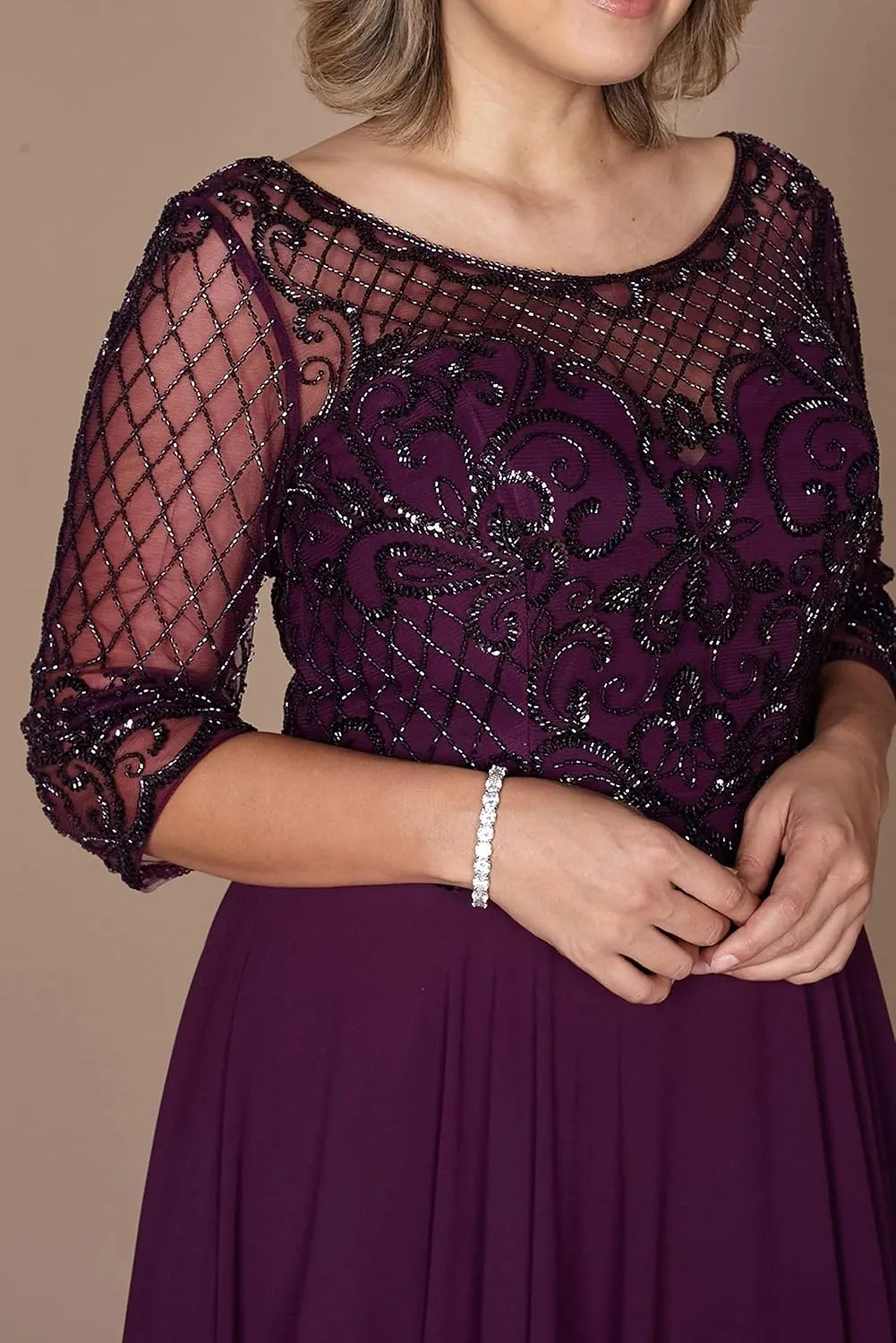 Mother of The Bride Dress - Plus Size Long Sleeve Formal Dress - Hand Beaded Top Long Evening Gown for Wedding