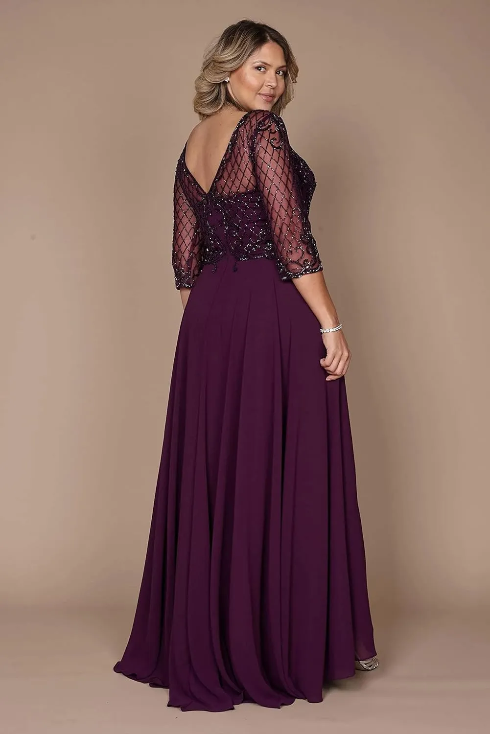 Mother of The Bride Dress - Plus Size Long Sleeve Formal Dress - Hand Beaded Top Long Evening Gown for Wedding