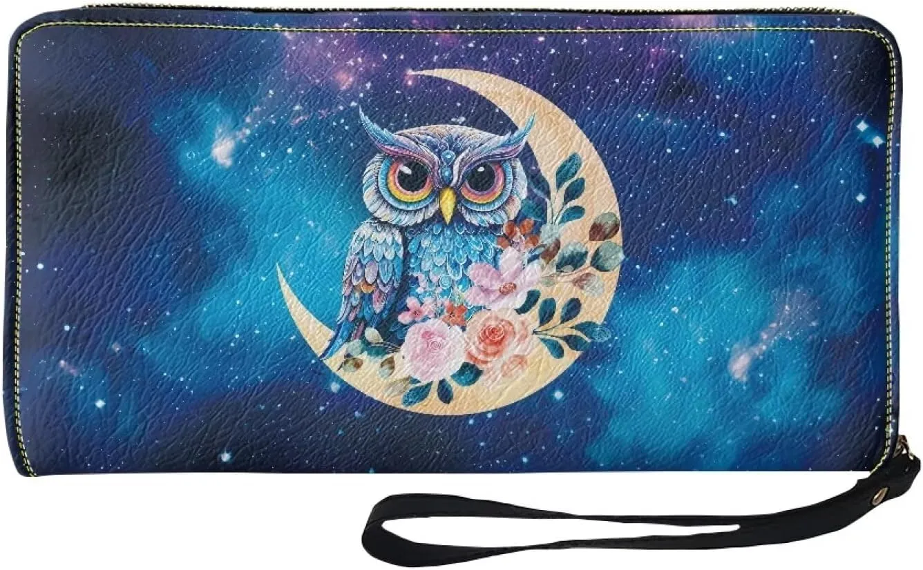 Mumeson Owl Long Wallet Design Long Leather Purse Wristlet Purse Comfort PU Wallet with Zipper Wristlet Card Holder Mini Handbags Protable Leather Wallet