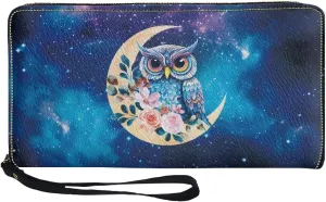 Mumeson Owl Long Wallet Design Long Leather Purse Wristlet Purse Comfort PU Wallet with Zipper Wristlet Card Holder Mini Handbags Protable Leather Wallet